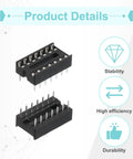 DIP IC Socket Adapters Kit, 14 Pin, 7.62mm Row Pitch, 2.54mm 0.1 Inch Pitch, 34 Pcs Assortment, shown close-up with stability icons.