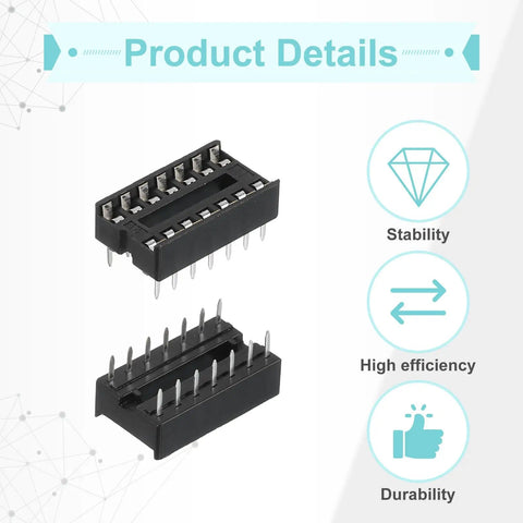 DIP IC Socket Adapters Kit, 14 Pin, 7.62mm Row Pitch, 2.54mm 0.1 Inch Pitch, 34 Pcs Assortment, shown close-up with stability icons.