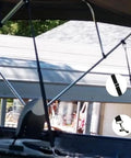 Beefy Heavy Duty Bimini Boat Top Straps with Double End Snap Hook Adjustable from 28 to 60 Inches securing a boat canopy