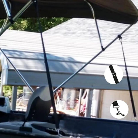 Beefy Heavy Duty Bimini Boat Top Straps with Double End Snap Hook Adjustable from 28 to 60 Inches securing a boat canopy