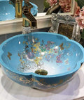 USZWBY Bathroom Vessel Sink, Countertop Basin Ceramic Sink, blue round sink with floral design and gold accents.