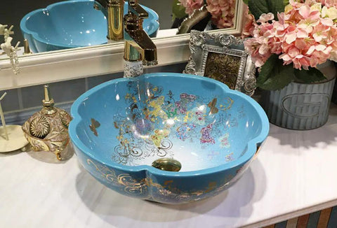 USZWBY Bathroom Vessel Sink, Countertop Basin Ceramic Sink, blue round sink with floral design and gold accents.