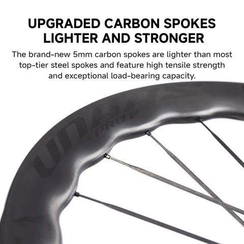Close-up of Unaas Pro2 700C carbon fiber wheelset with disc brakes, showing ultralight 5mm spokes on UD matte finish rim.