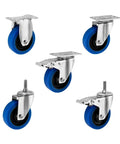 Heavy Duty 4 Inch 304 Stainless Steel Casters With Medium Blue TPR Silent Rubber Wheels Rolling Smooth As Silk And Built Tough Construction sets of four shown from multiple angles.