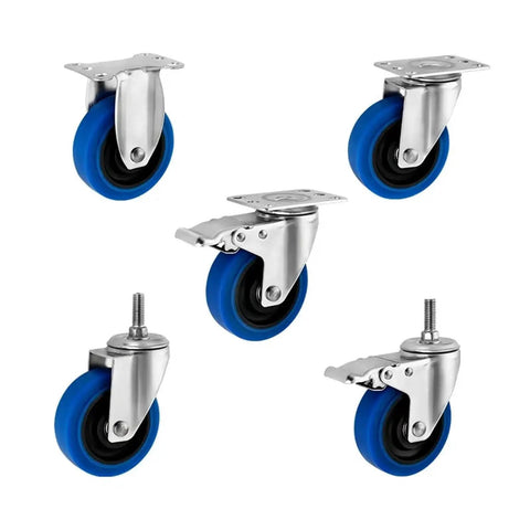 5 Inch 304 Stainless Steel Casters Featuring Medium Blue TPR Universal Roller Wheels For A Smooth As Butter Silent Ride That Delivers Hella Tough As Nails Heavy Duty Performance For Your Next Furniture Upgrade.