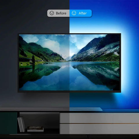 Before and after view of LED TV Backlight Kit with remote for 24-40 inch TVs, highlighting enhanced viewing experience.
