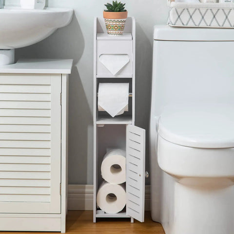 Must Have Slim Bathroom Storage Cabinet With Toilet Paper Holder Stand In Pure White For Tiny Bathrooms And Quick Easy Organization