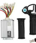 Brushed 36V 25A Ebike Controller And Twist Throttle Kit with locking handle, real time battery display, and keys.
