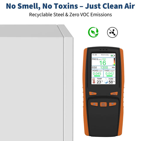 Air quality monitor displaying readings, next to recyclable steel cabinet corner with text about no smell and zero emissions.