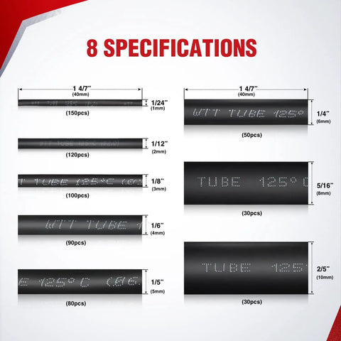Specifications of 650-Piece Heat Shrink Tubing Kit With 3:1 Shrink Ratio, multiple sizes and quantities displayed