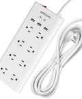 Long Reach 12 Foot Surge Protector Power Strip With Eight Outlets, 1050J Protection, 15A 1800W Capacity, coiled white cord