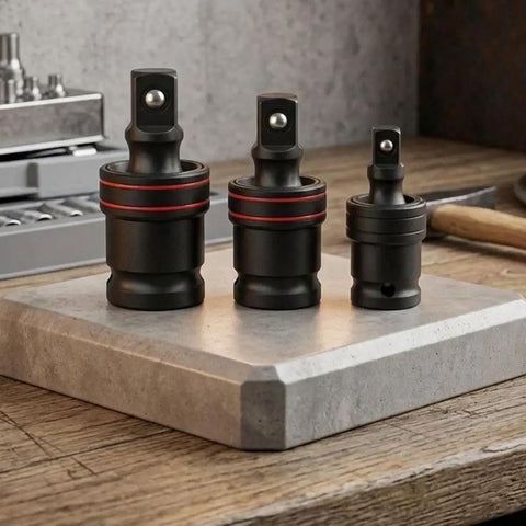 Get Your Car Running Smooth With This 3 Piece Swivel Socket Set Featuring 1/2, 3/8, And 1/4 Inch Drive Sizes Perfect For Tight Spaces With Ball Joint Adapter And Chrome Steel Build For Pros. Three chrome steel swivel socket adapters on a workbench, 1/2, 3/8, and 1/4 inch drives