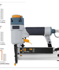 Professional Grade Heavy Duty Pneumatic Air Nailer And Multipurpose Stapler For Furniture Hustle And Woodworking Framing With 16 18 Gauge Knockout Quiet Aluminum Setup side view with gauge sizes.