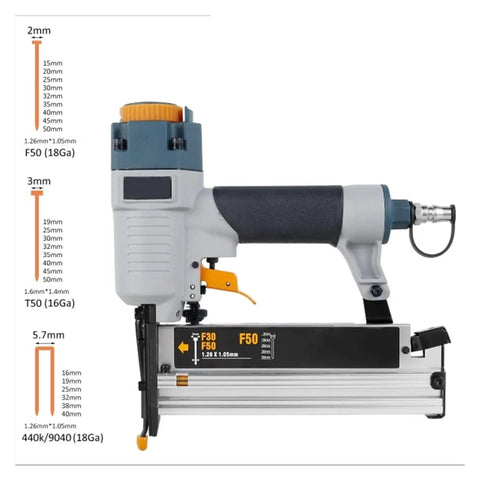 Professional Grade Heavy Duty Pneumatic Air Nailer And Multipurpose Stapler For Furniture Hustle And Woodworking Framing With 16 18 Gauge Knockout Quiet Aluminum Setup side view with gauge sizes.