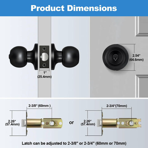 Keyed Entry Door Knob Set Heavy Duty Matte Black All Metal Lock Easy DIY Install Brass Mechanism 250000 Cycle Durability product dimensions