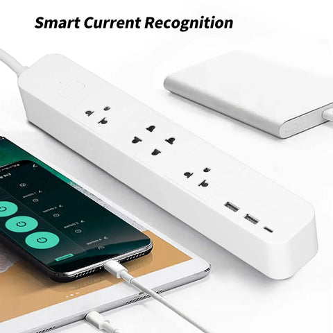 No Fuss Next Gen Smart Power Strip Featuring Lightning Fast Usb C Ports And Ble App Sync Plus Hassle Free Voice Command For Dependable Home Setup Surge Guard with smartphone and tablet connected.