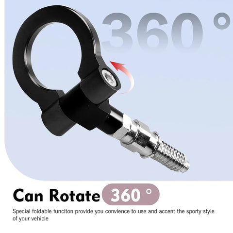 Hardcore Heavy Duty Alloy Racing D Ring Front Bumper Tow Hook Screw On Towing Trailer Puller showing 360-degree rotation feature.