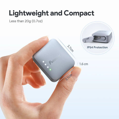 FAA Compliant Remote ID Drone Broadcast Module, lightweight, compact design, IP54 protection, shown in hand, 3.7cm x 3.1cm x 1.6cm