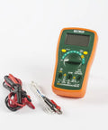 MiniTec Autoranging Digital Multimeter With 600V AC DC, 10A Current, Temperature, Resistance, Capacitance, Frequency, Continuity And Diode Testing, Includes Protective Holster And Tilt Stand with leads