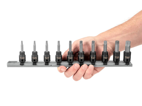Hand holding 3/8 Inch Drive Torx Impact Bit Socket Set With Rail, 10 Piece T20 Through T60, Precise Torx Geometry And Two Piece Design