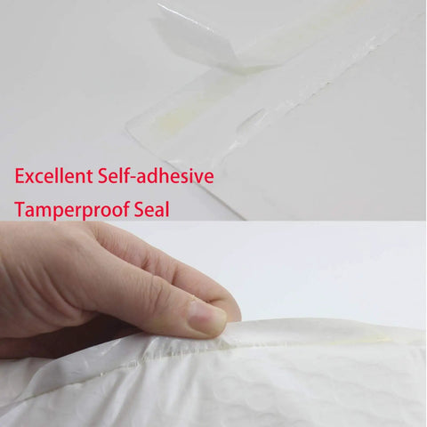 Close-up of 25 Pack 10x13 Inch Bubble Mailers Self Sealing Poly Padded Envelopes White Ready To Ship with tamperproof seal