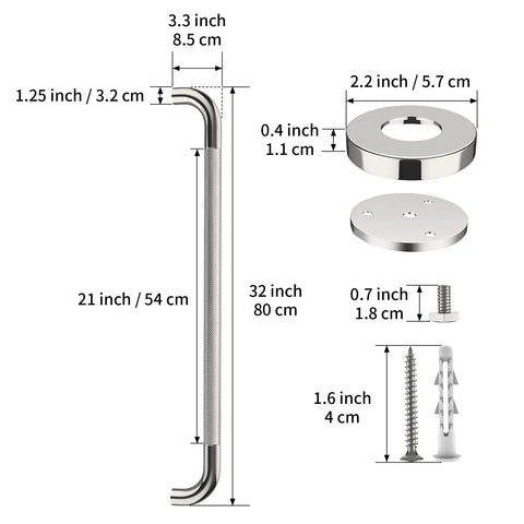 Dimensions of 32 Inch Chrome Shower Grab Bar 1.25 Inch Diameter Stainless Steel Wall Safety Rail For Bathroom Balance And Support