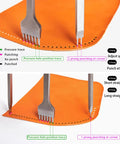 Demonstration of Leather Hole Punch Tool Set With Pricking Iron Prongs on orange leather, showing punching technique.