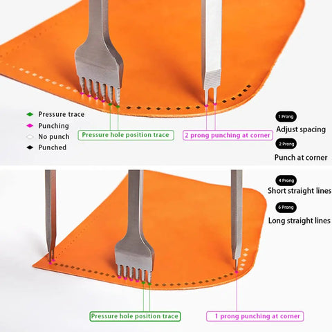 Demonstration of Leather Hole Punch Tool Set With Pricking Iron Prongs on orange leather, showing punching technique.