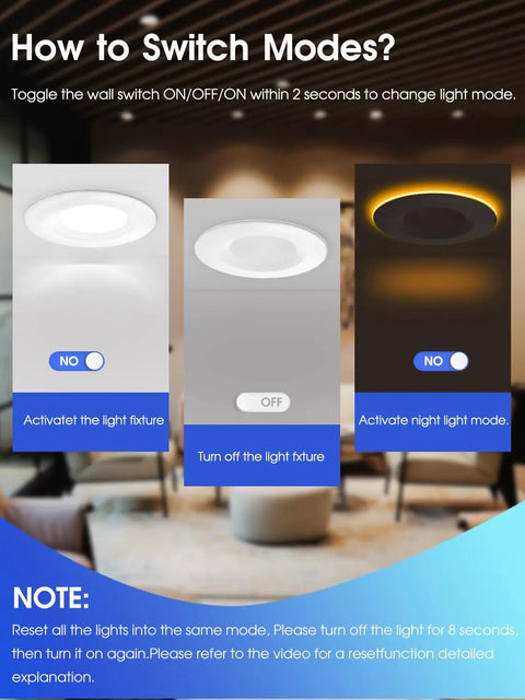 How to switch modes on the 5/6 Inch LED Recessed Light Kit With Night Light, Dimmable And Energy Smart, 9W Equals 85W, 3000K, 700 Lumens