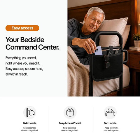 Senior Safe Bed Rails For Seniors No Fuss Easy To Install Under Mattress With Adjustable Height And Floor Support Fits King Queen Twin Beds Includes Security Strap Install On Either Side ASTM Approved with side pocket for essentials.