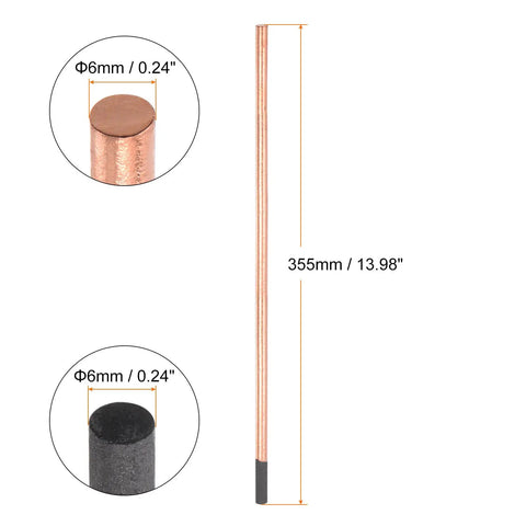 Copper Clad Gouging Carbon Rods Set 6x355mm Electrodes with close-up on 6mm diameter, copper coating, and carbon core.
