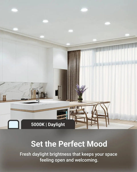 Modern kitchen illuminated by Six Pack 4 Inch LED Recessed Lights Slim Canless Ceiling Fixtures, 5000K daylight, dimmable.