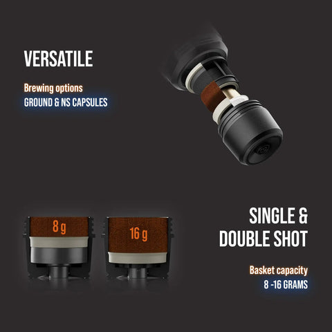 Portable Espresso Maker For Ground Coffee And NS Capsules, showing single and double shot basket options, 8-16 grams capacity.