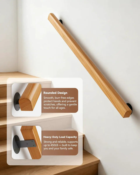 Rock Solid 2 Foot Wooden Stair Railing Wall Mount Handrail For Indoor Outdoor Stairs Smooth Finish strong and rounded design on stairs.