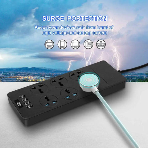 Black universal power strip with 6 outlets, 3 USB ports, 1 Type C port, 6.5ft cord, 3000 watt surge protection, lightning background.