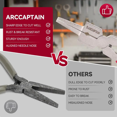 Comparison of Pro 8 Inch MIG Welding Pliers with long nose, rust-resistant vs. a generic pliers, showing benefits and features.