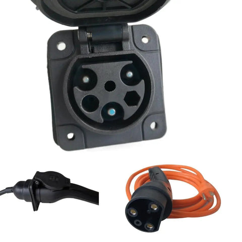 Top Shelf Ev Golf Cart Charger Cable 10 Feet Long 16 Amp 120V Plug compatible with Club Car models, showcasing the plug and connection port.