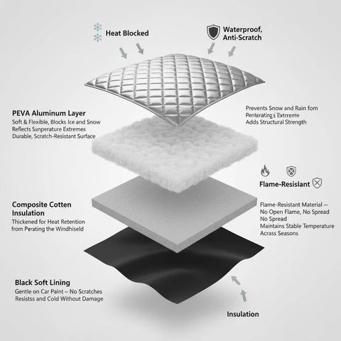 Cross-section layers of Magnetic Car Snow Cover For Windshield Shield Ice And Snow Auto Protector Window Winter Windshield Blanket.