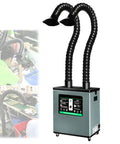 Heavy Lift Dual Station Solder Fume Extractor With Four Stage Air Filtration And Quiet Brushless Motor built with flexible ducts for workspace.