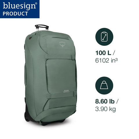 Front view of green Osprey Sojourn Shuttle 100L wheeled duffel bag with oversized wheels