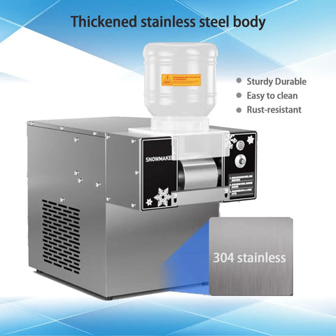 Heavy Duty Commercial Snowflake Ice Maker, No Fuss Adjustable Speed Electric Snow Cone Machine with 304 stainless steel body.