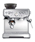 Front view of a Semi Automatic Espresso Machine With 15 Bar Pressure, Built In Grinder, Milk Frother Steam Wand in stainless steel finish