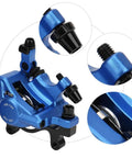 Heavy Duty Aluminum Alloy Mechanical Disc Brakes Front Rear Set For Mountain Bikes Hella Smooth Two Way Piston Action Stops On A Dime Blue Color Slick Setup close-up of blue disc brake caliper features and fittings