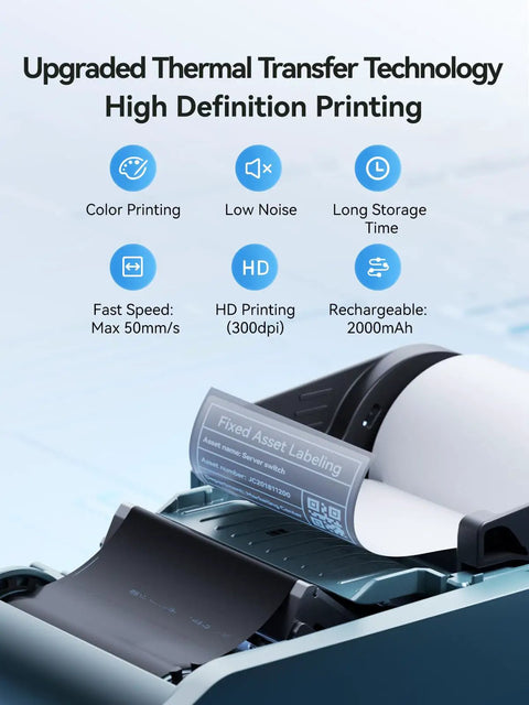 Close-up of 2 Inch Thermal Transfer Bluetooth Label Maker with color ribbon, showing waterproof and scratch-resistant label printing.