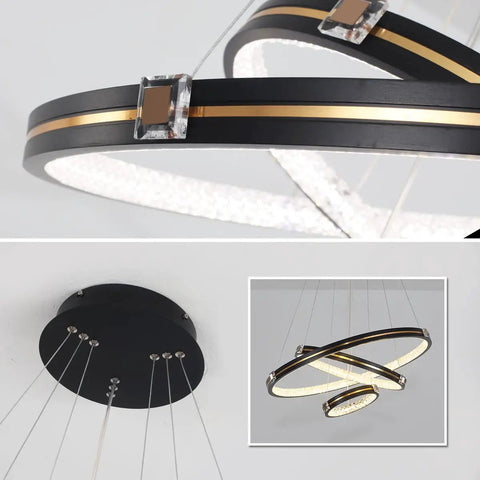 Three Ring Modern LED Pendant Light Dimmable Contemporary Chandelier In Black Acrylic 76W Hanging Fixture close-up