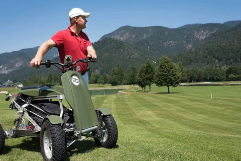 Smooth Operator Electric Single Rider Golf Cart With Foldable Four Wheel Chassis Easy Speed Tweaks And Solid Golf Bag Mount for solo use on golf course.