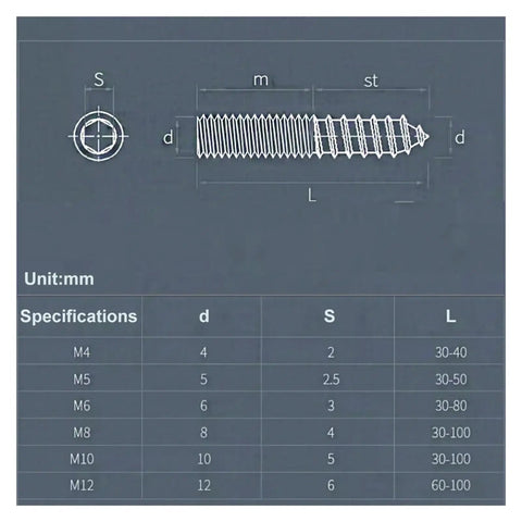 Technical diagram of Yellow Zinc Plated Dowel Screw Hanger Bolts Double Headed Self Tapping Fasteners for wood furniture, M4x16mm size.