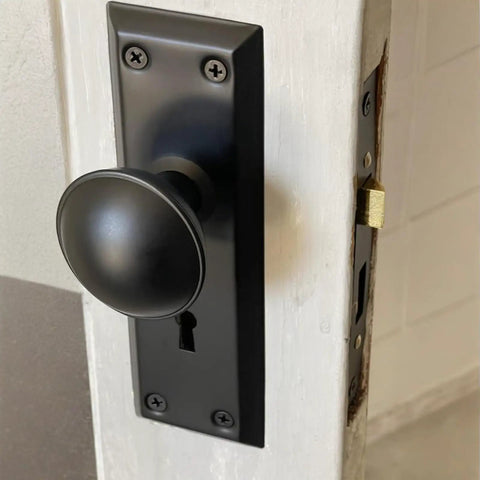 Old School Antique Interior Door Knobs With Mortise Lock Set And Vintage Skeleton Key Handles For Bathroom Bedroom Replacement Hardware That Fits 1-3/8 To 1-3/4 Inch Thick Doors Smooth As Butter Operation on a door.