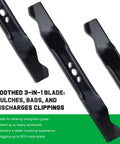 Toothed 3-in-1 mower blade for mulching, bagging, and discharging clippings, designed for overgrown grass, in black metal.