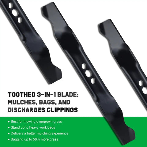 Toothed 3-in-1 mower blade for mulching, bagging, and discharging clippings, designed for overgrown grass, in black metal.